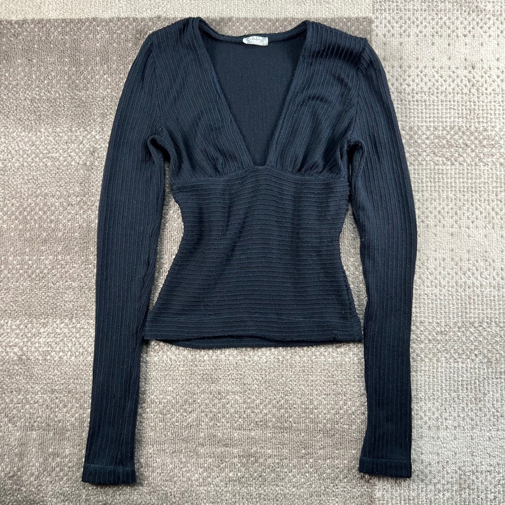Intimately Free People Black Ribbed Long Sleeve V-Neck Empire Waist Top XS
